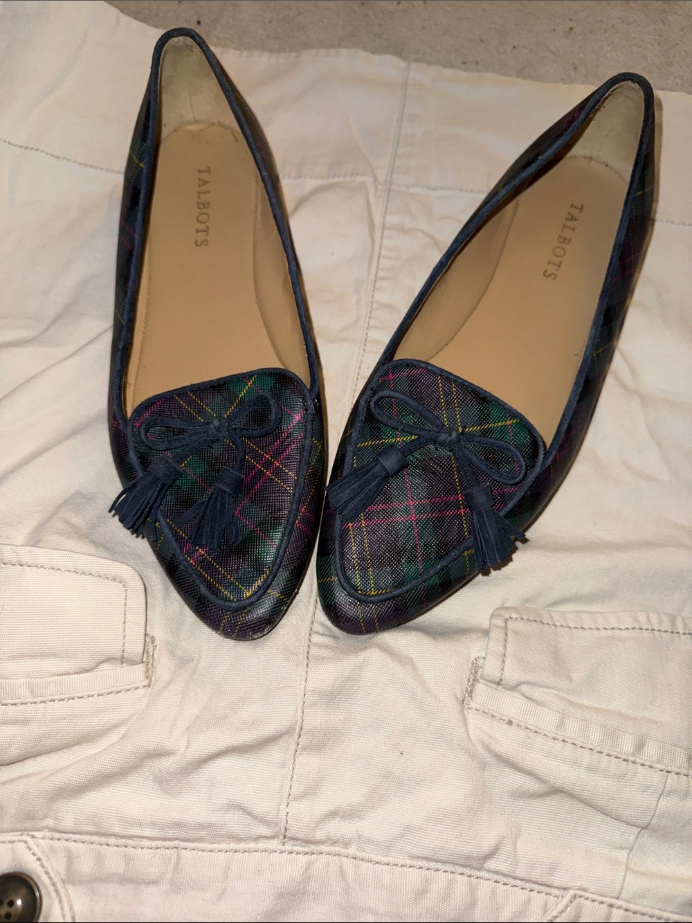 Talbots Navy Plaid Tassel Loafers with Multicolor Stitching